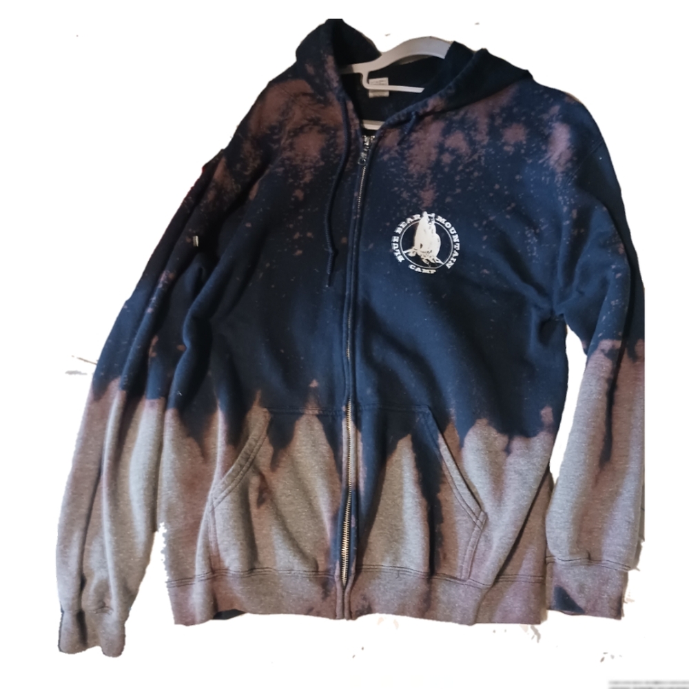 Navy blue zip hoodie with a bear graphic size large